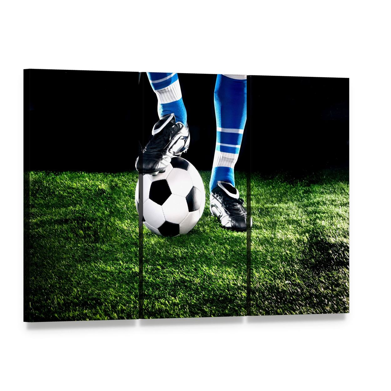 Soccer Ball and Player Canvas Wall Art, 3 panel 3 Horizontal layout gallery wrapped canvas set, angled product view