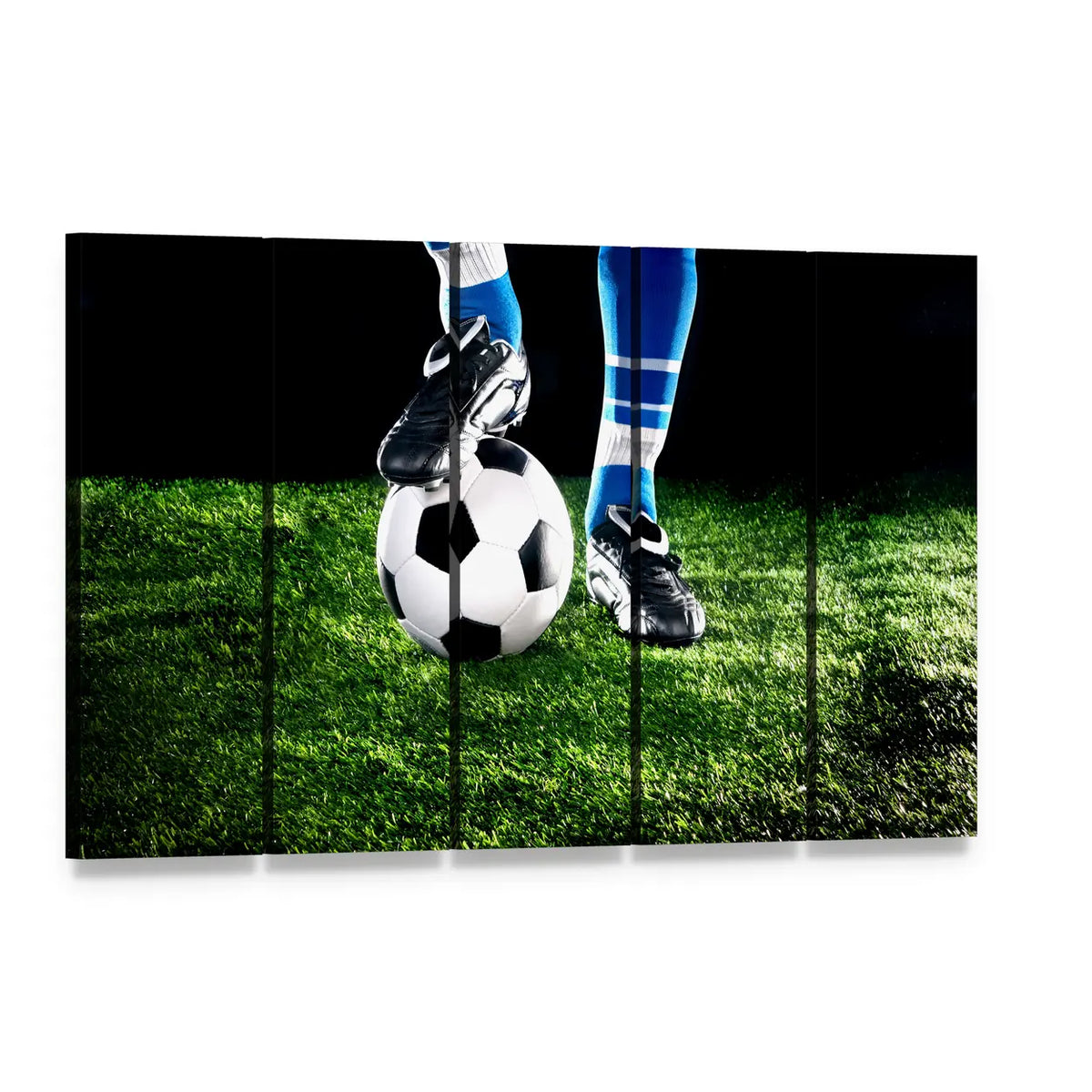 Cleat Resting on Soccer Ball Canvas Wall Art, 5 panel 5 Horizontal layout gallery wrapped canvas set, angled product view