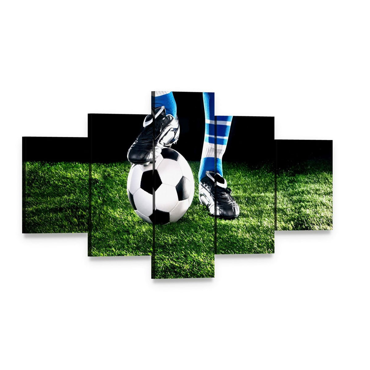 Soccer Ball and Player Canvas Wall Art, 5 panel 5 Star layout gallery wrapped canvas set, angled product view