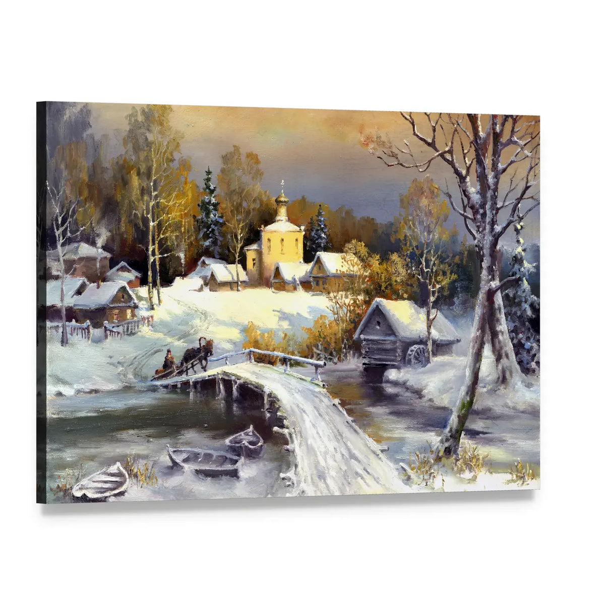 Winter Village with Church and Horse-drawn Carriage Canvas Wall Art, single panel gallery wrapped canvas, angled product view