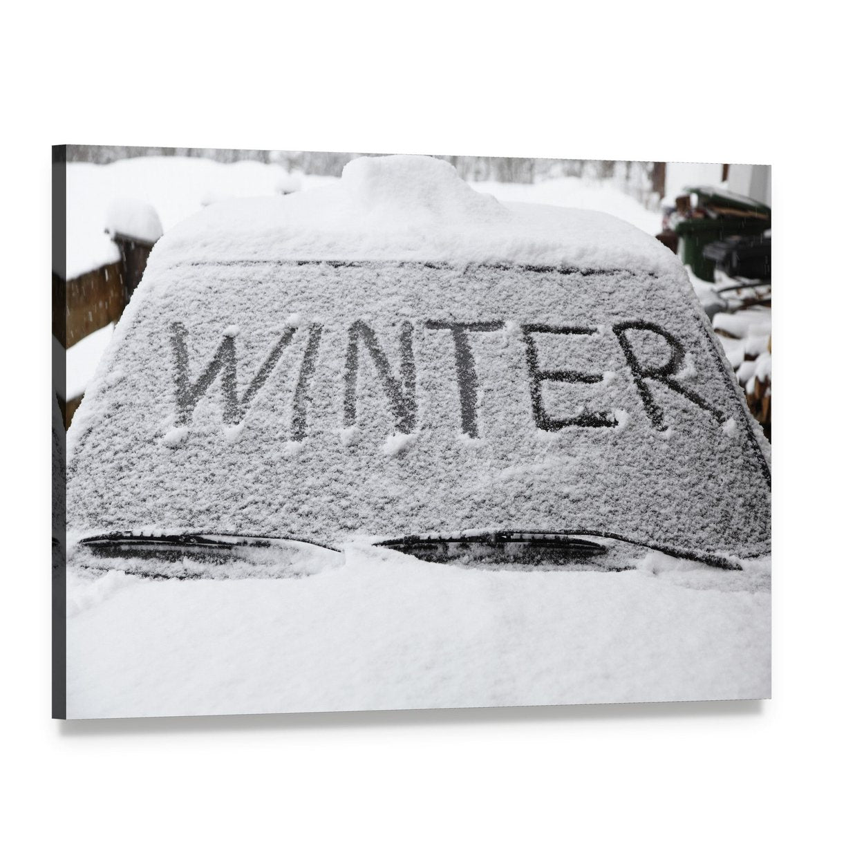 Winter with Snow Flakes on Car Screen Canvas Wall Art, single panel gallery wrapped canvas, angled product view