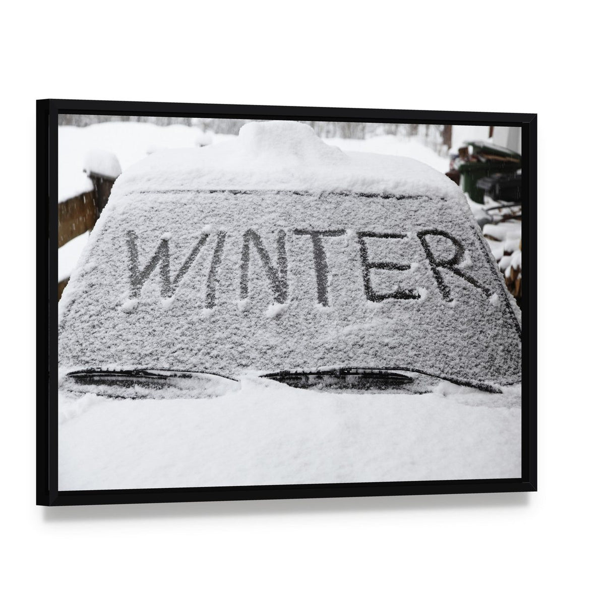 Winter with Snow Flakes on Car Screen Canvas Wall Art, framed canvas in a black floater frame, angled product view