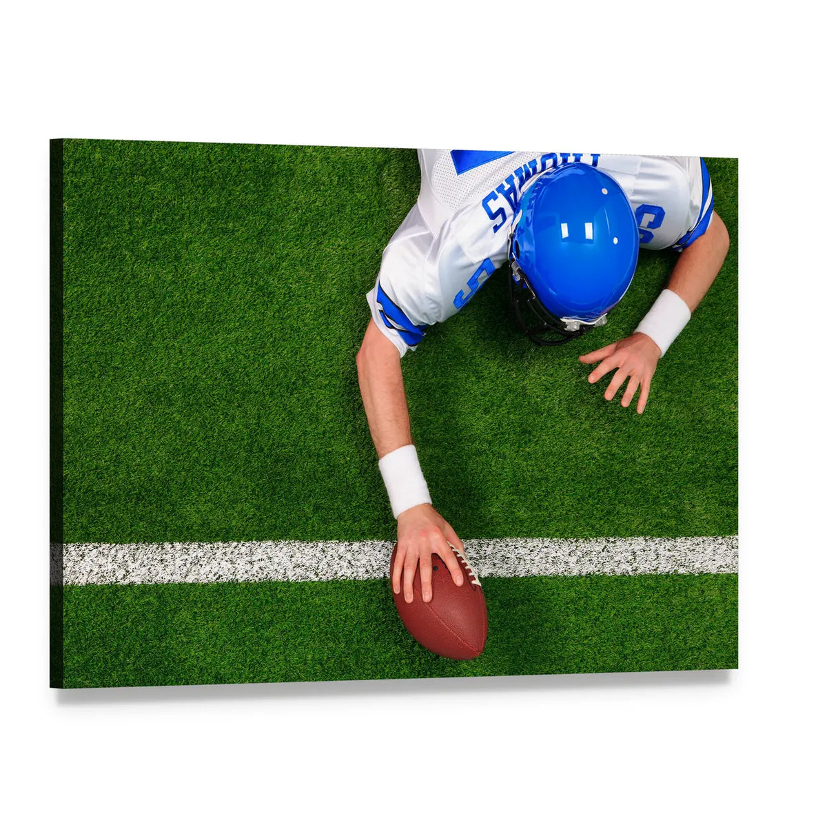Overhead One-handed Football Touchdown Canvas Wall Art, single panel gallery wrapped canvas, angled product view