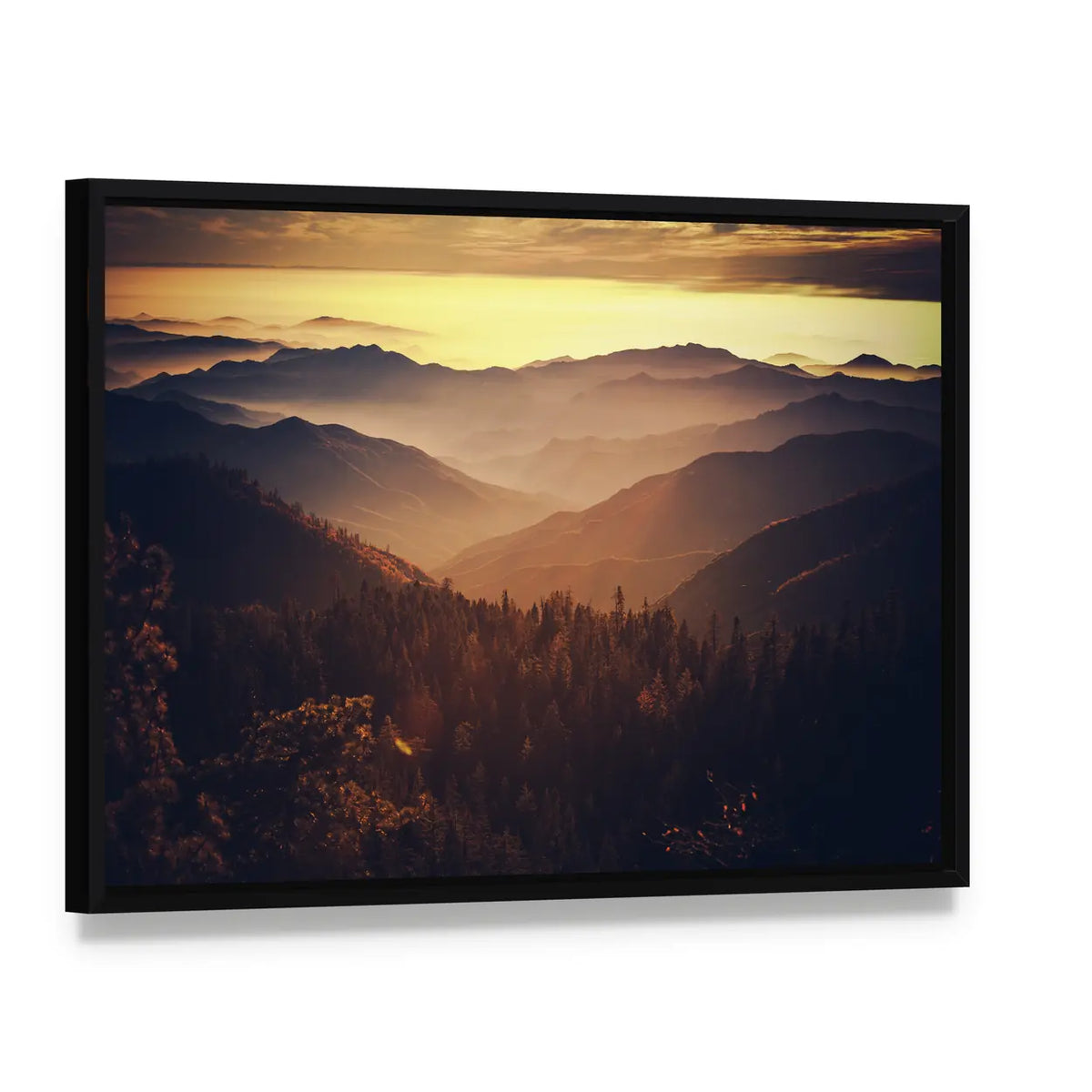 Sierra Nevada Mountains In California Canvas Wall Art, framed canvas in a black floater frame, angled product view
