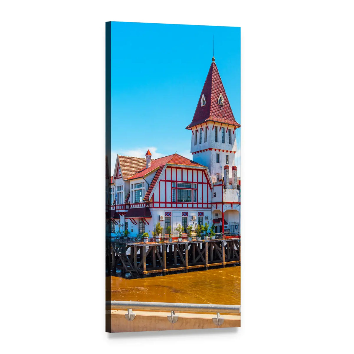 Tudor-style Building at River Pier Vertical Canvas Wall Art, 1 panel 1 Vertical layout gallery wrapped canvas set, angled product view