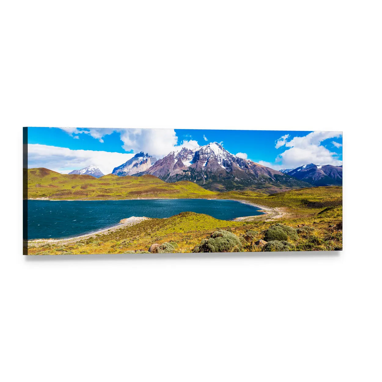 Lake Pehoe, Chile Landscape Panoramic Canvas Wall Art, single panel gallery wrapped canvas, angled product view