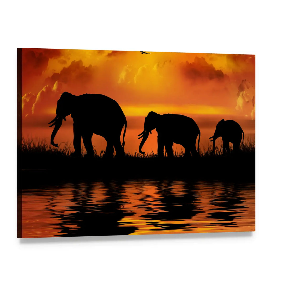 Three Elephants at Sunset Canvas Wall Art, single panel gallery wrapped canvas, angled product view