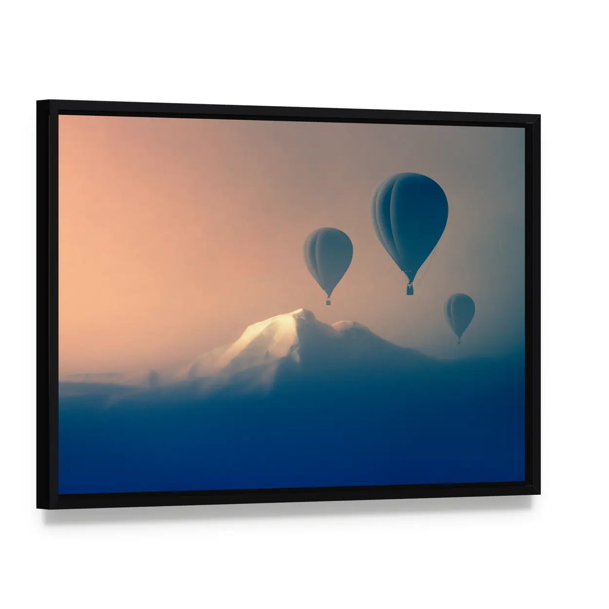 Silhouette Of Air balloon Flying In The Mountains Canvas Wall Art, framed canvas in a black floater frame, angled product view