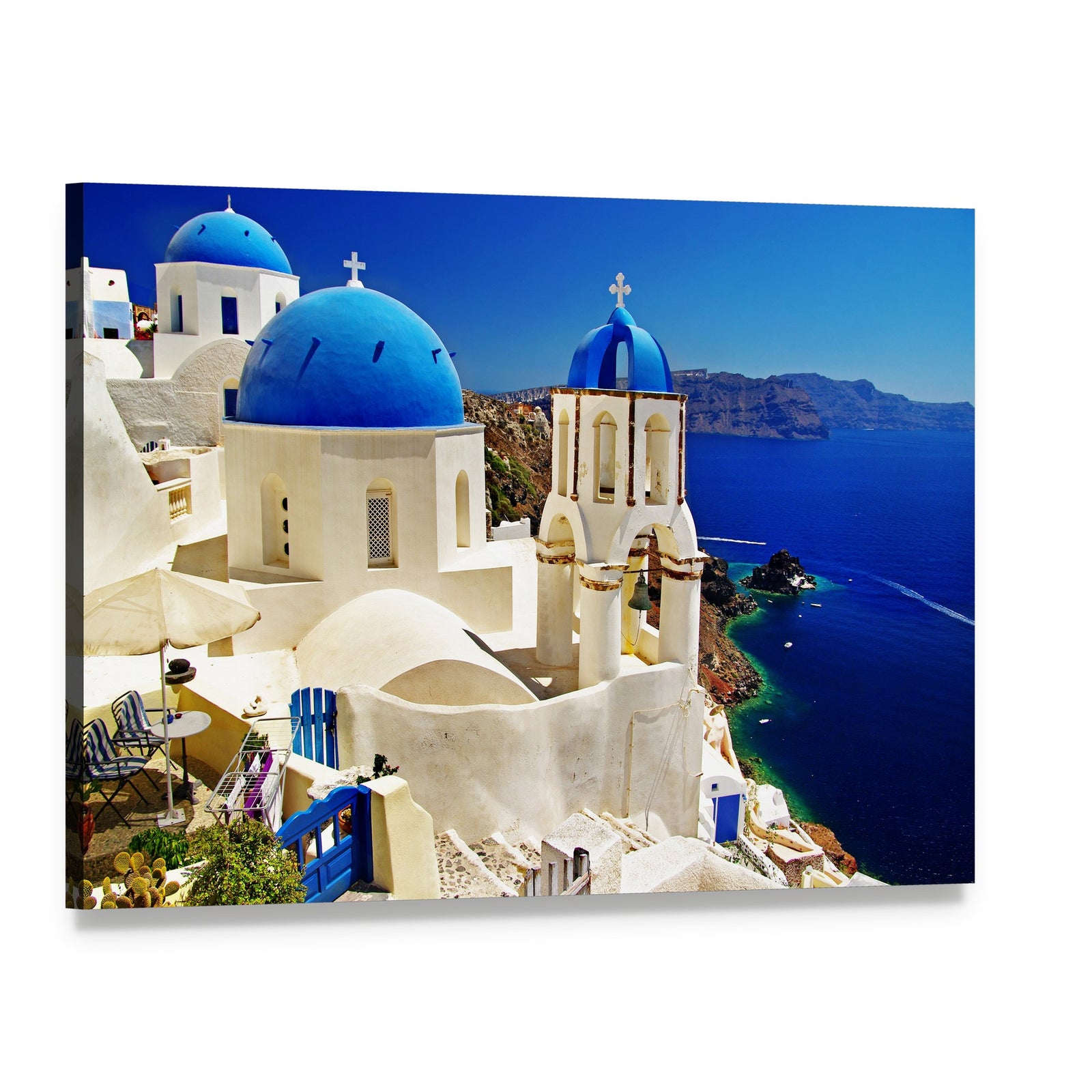 Serene Blue and White Santorini Scene Canvas Wall Art, single panel gallery wrapped canvas, angled product view