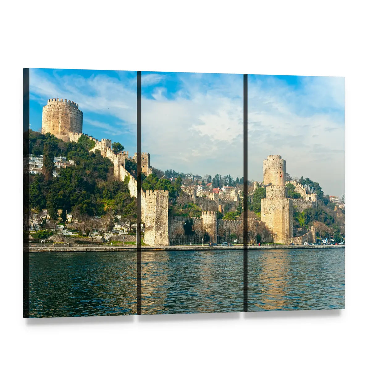 Rumeli Fortress in Istanbul Canvas Wall Art, 3 panel 3 Horizontal layout gallery wrapped canvas set, angled product view