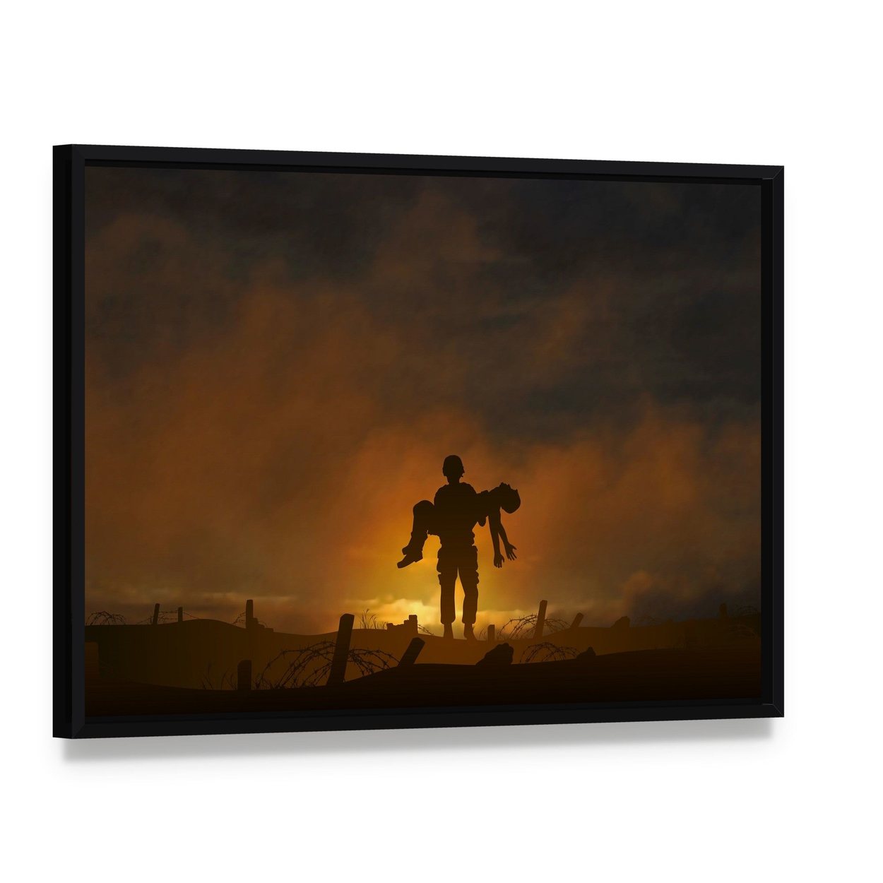 Soldier Carrying a Wounded Comrade Canvas Wall Art, framed canvas in a black floater frame, angled product view
