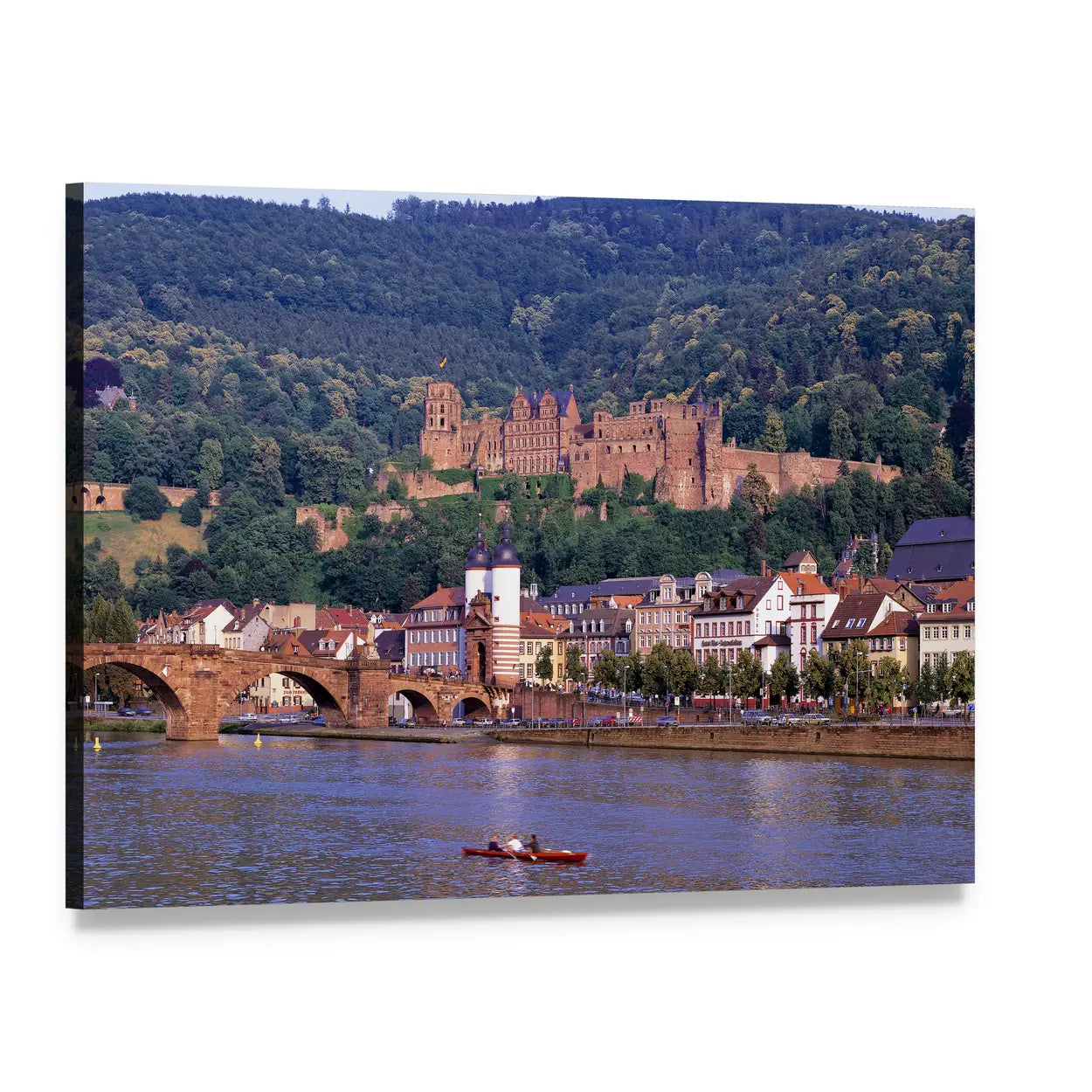 Riverside Castle and Stone Bridge Canvas Wall Art, single panel gallery wrapped canvas, angled product view