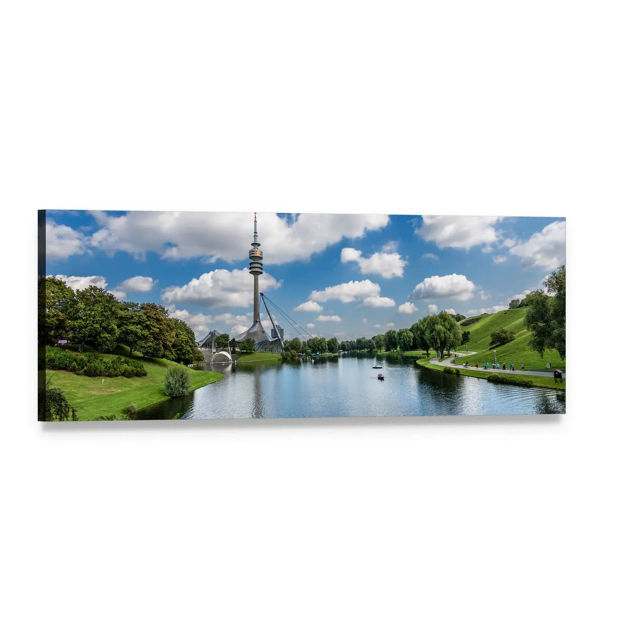 Olympiaturm and Olympic Lake, Munich Panoramic Canvas Wall Art, single panel gallery wrapped canvas, angled product view