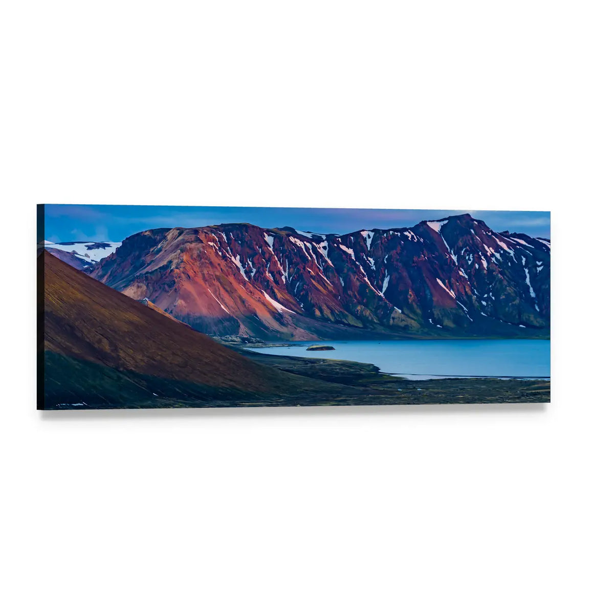 Frostastadavatn Mountain and Lake Panoramic Canvas Wall Art, single panel gallery wrapped canvas, angled product view