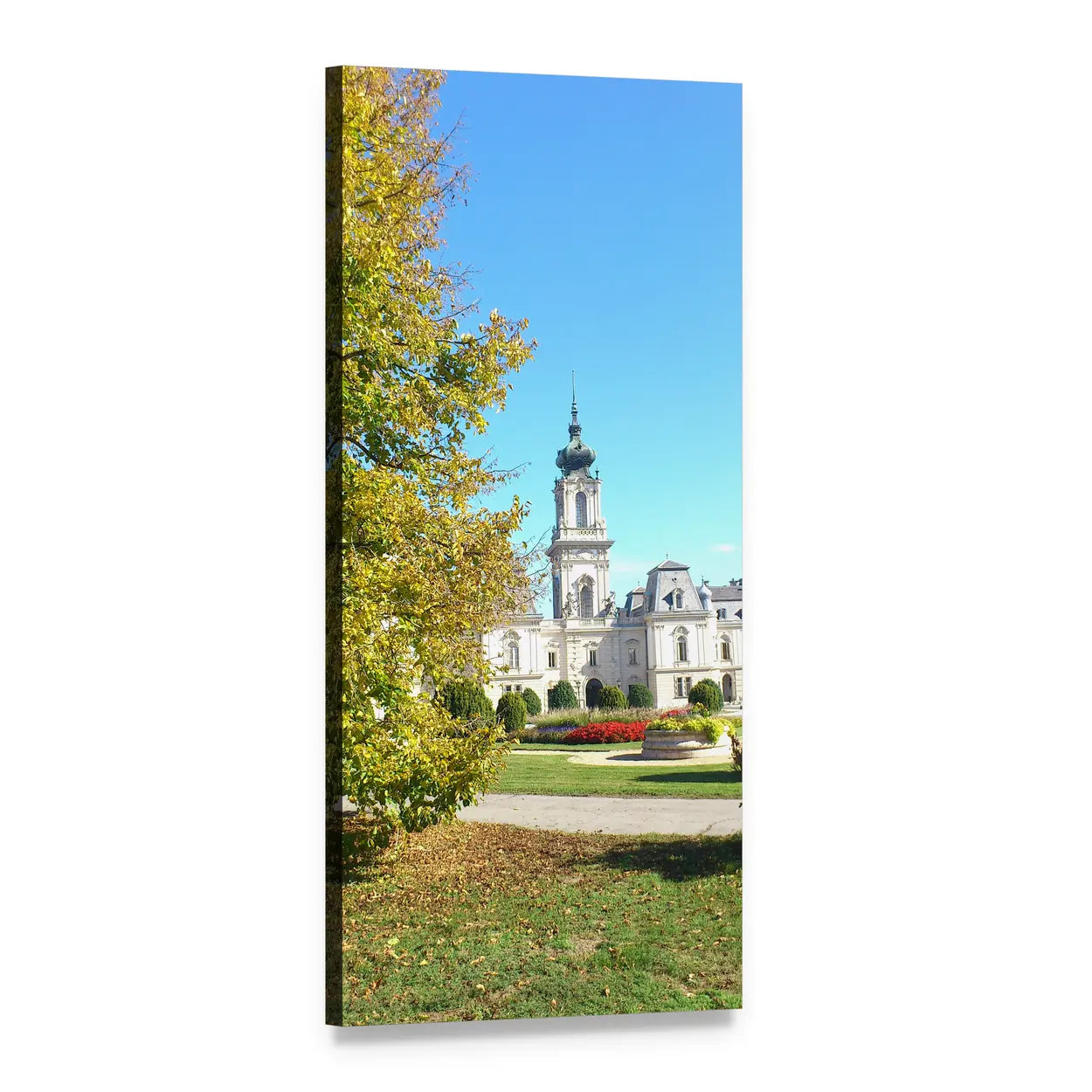 Castle Tower and Autumn Garden Vertical Canvas Wall Art, 1 panel 1 Vertical layout gallery wrapped canvas set, angled product view