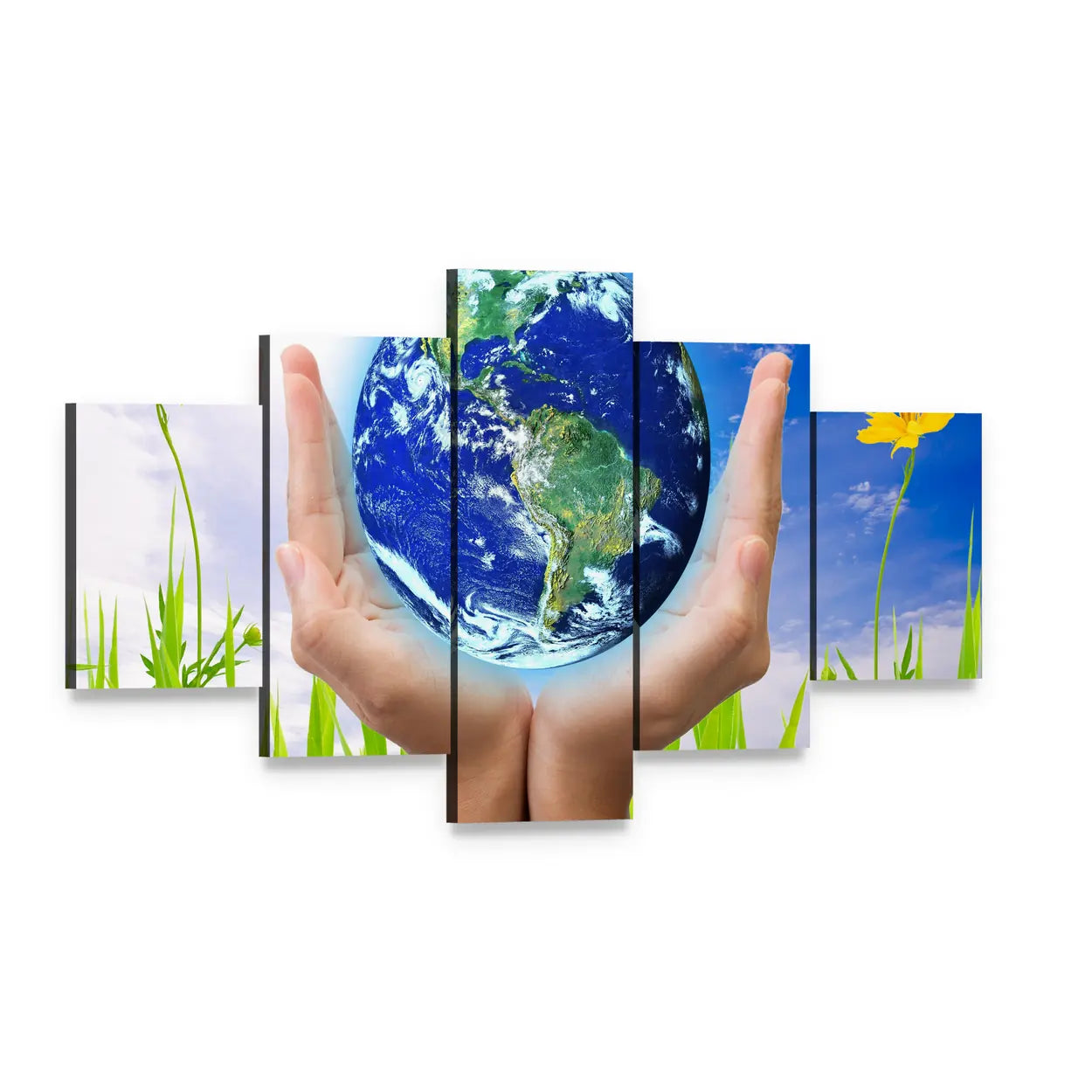 Hands Cradling the Earth Canvas Wall Art, 5 panel 5 Star layout gallery wrapped canvas set, angled product view