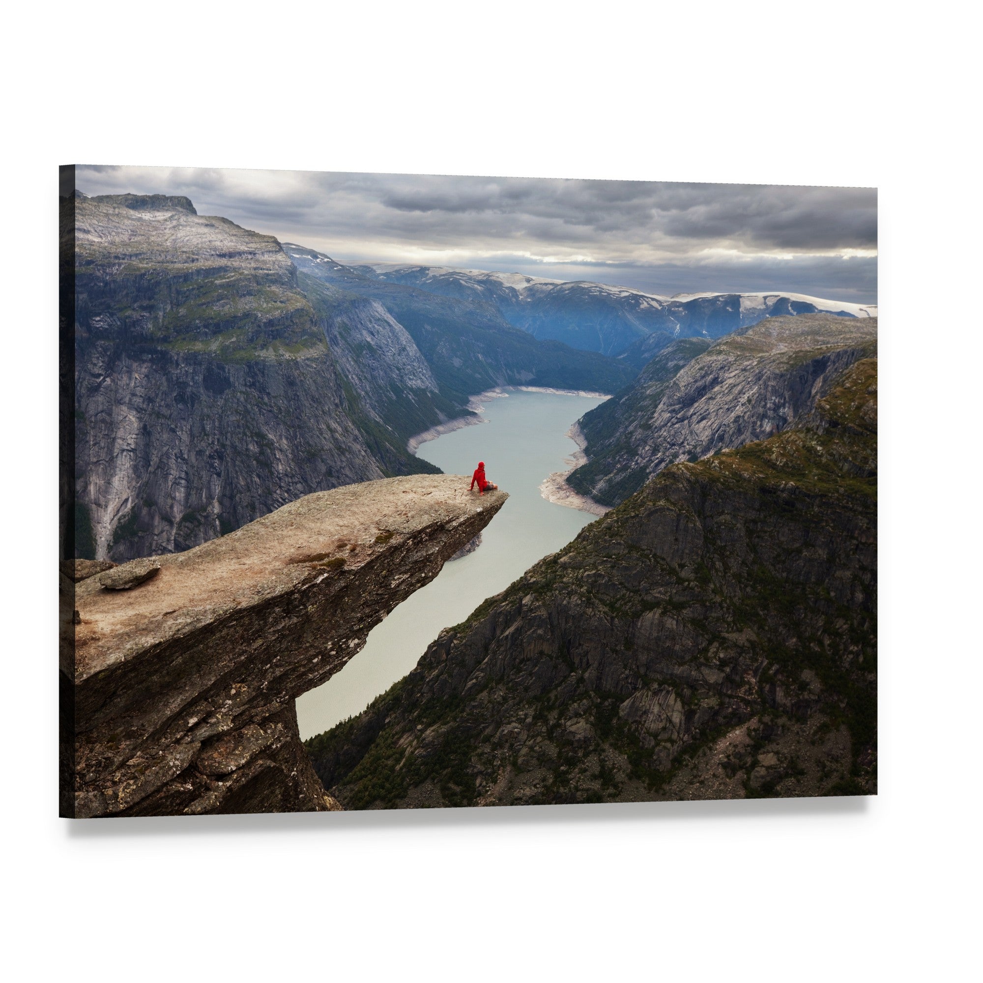 Hiker on Trolltunga Edge Canvas Wall Art, single panel gallery wrapped canvas, angled product view