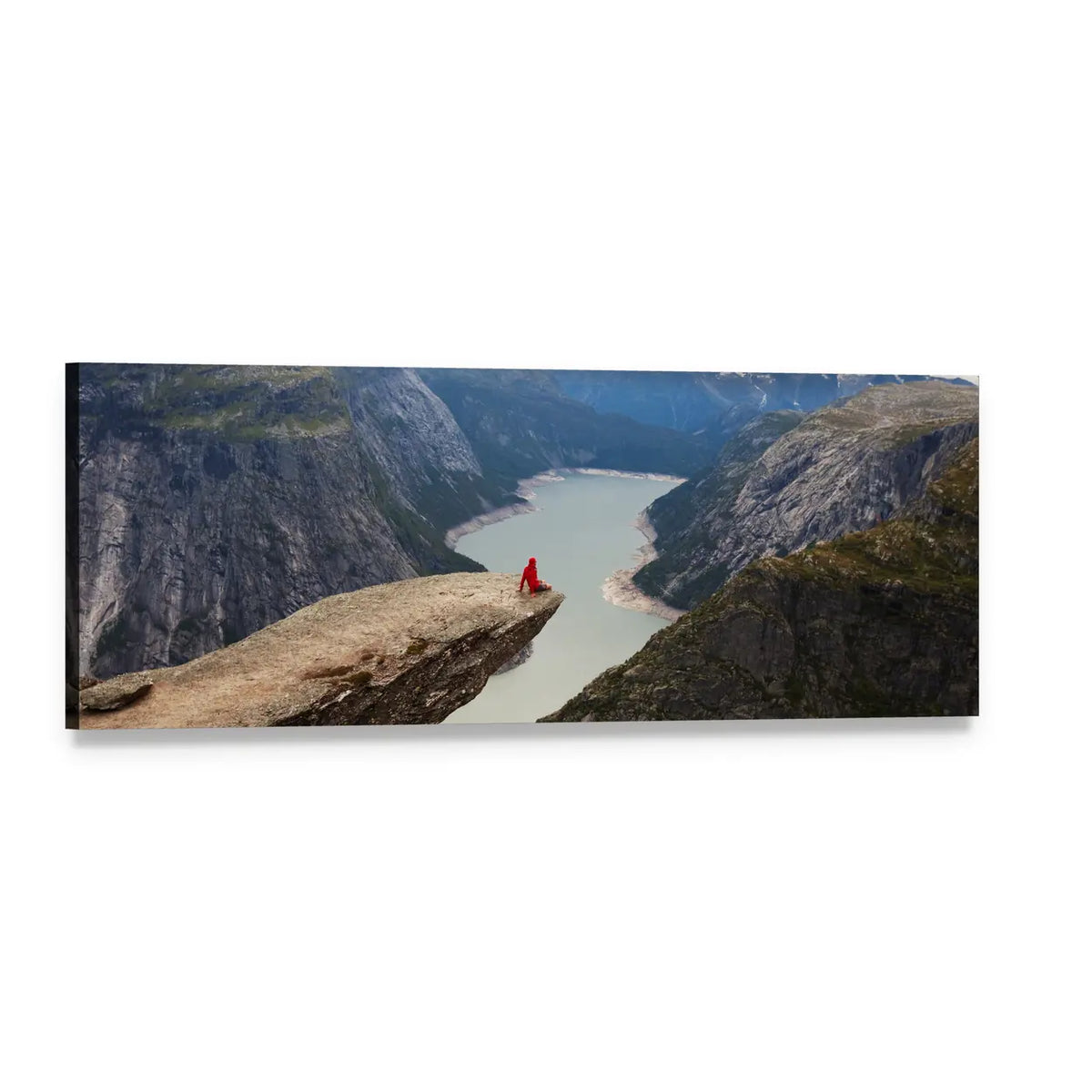Hiker on Trolltunga Cliff Over Fjord Panoramic Canvas Wall Art, single panel gallery wrapped canvas, angled product view