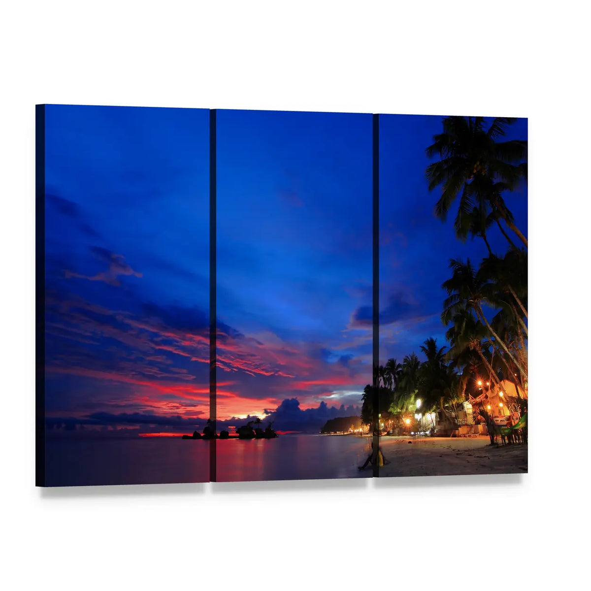Tropical Beach Sunset with Palm Trees Canvas Wall Art, 3 panel 3 Horizontal layout gallery wrapped canvas set, angled product view