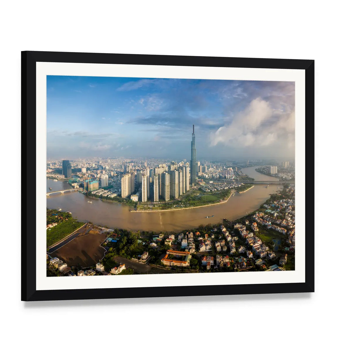 Ho Chi Minh City River Skyline Canvas Wall Art, framed print with white mat and black frame, angled product view
