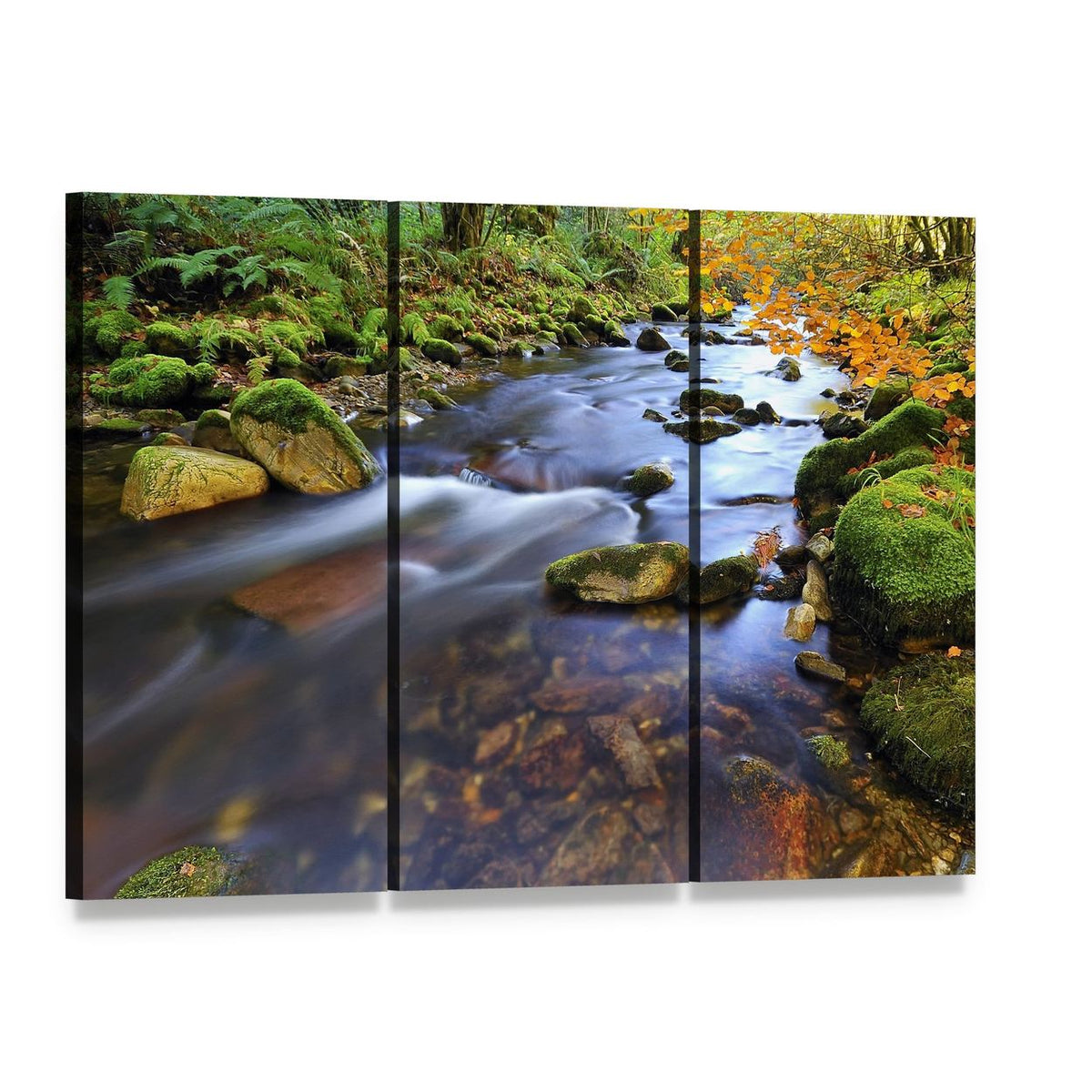 Autumn Stream in the Woods Canvas Wall Art, 3 panel 3 Horizontal layout gallery wrapped canvas set, angled product view