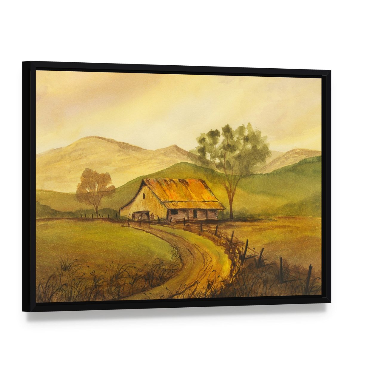 Watercolor Pathway to Village Canvas Wall Art, framed canvas in a black floater frame, angled product view