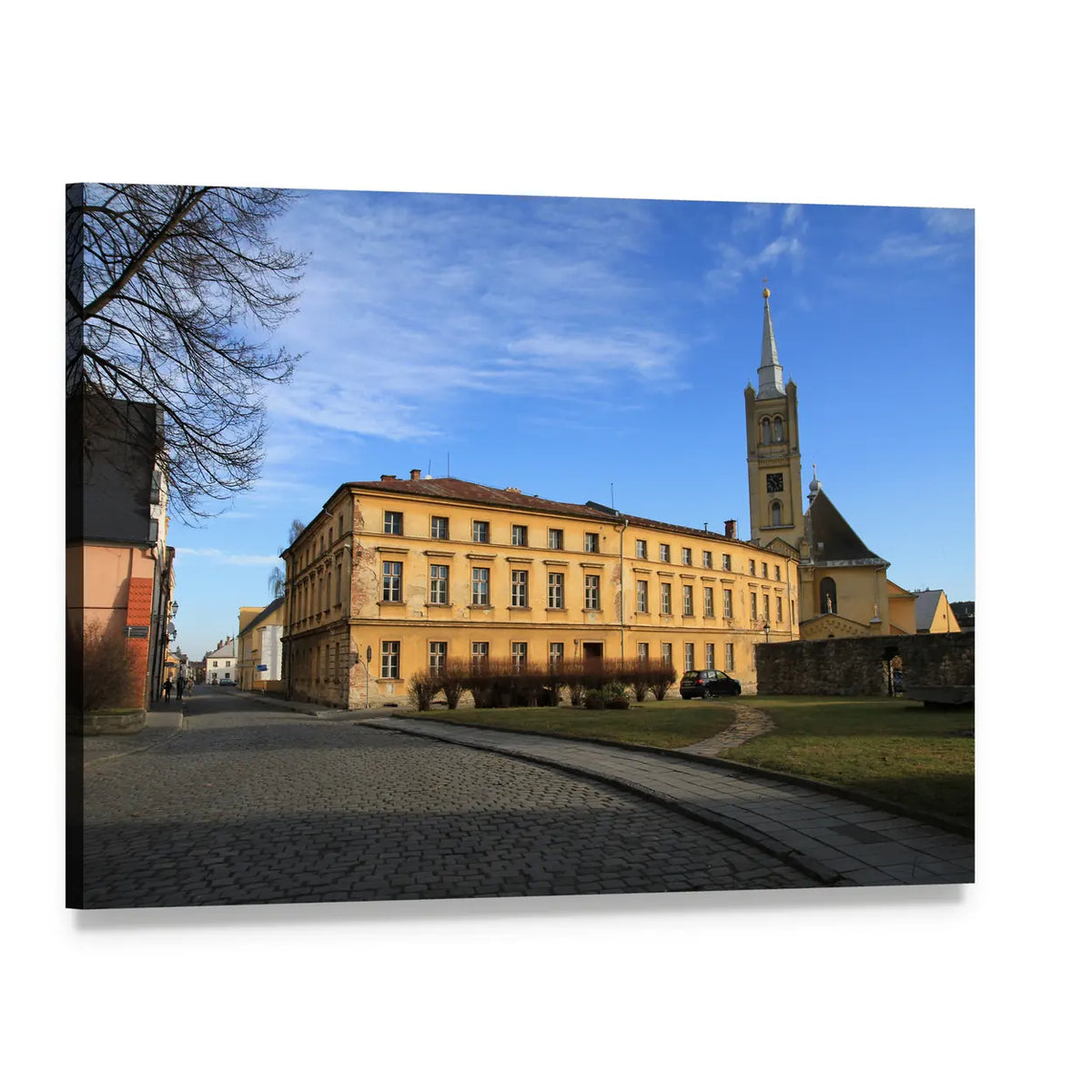 Small Church on Cobblestone Street Canvas Wall Art, single panel gallery wrapped canvas, angled product view