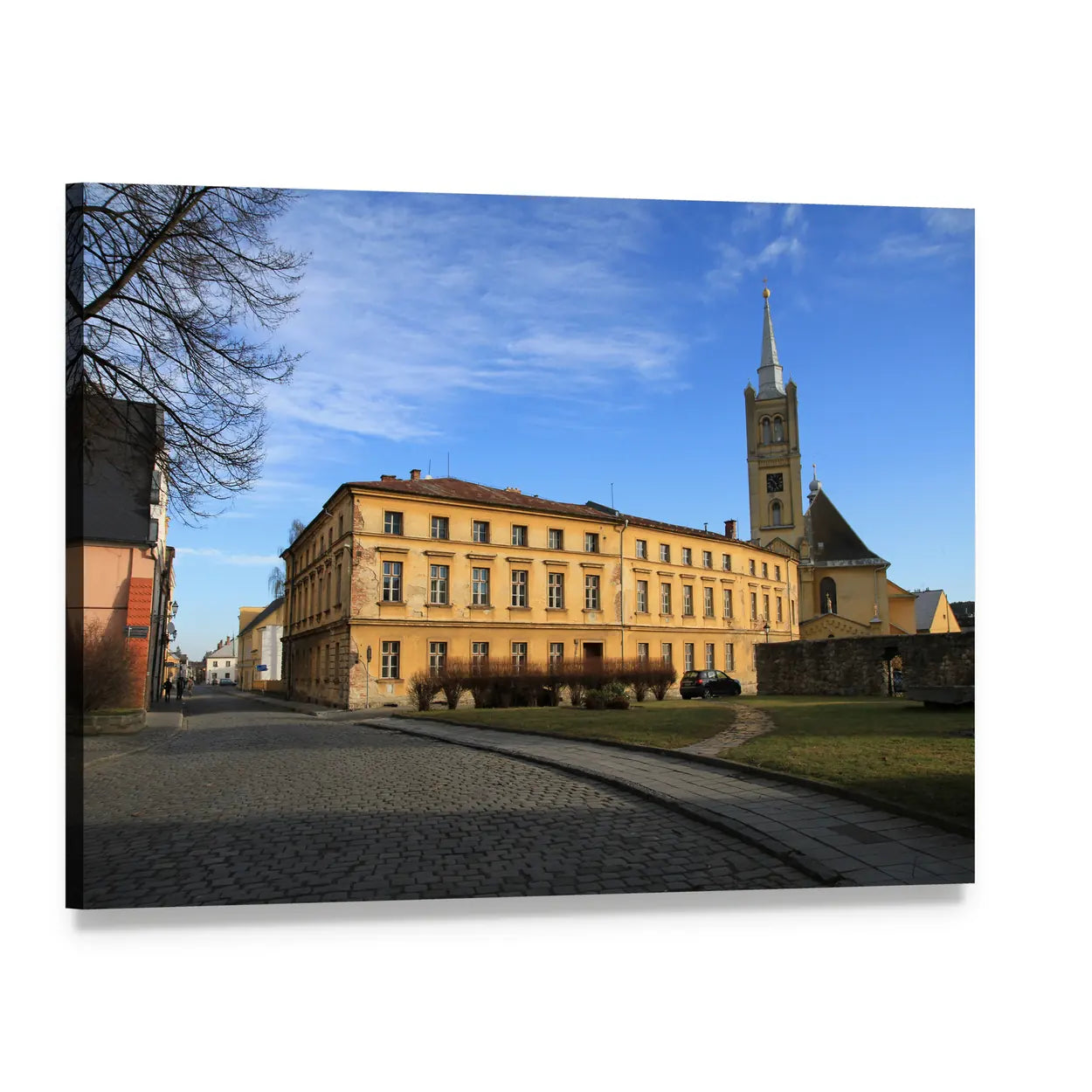Small Church on Cobblestone Street Canvas Wall Art, single panel gallery wrapped canvas, angled product view