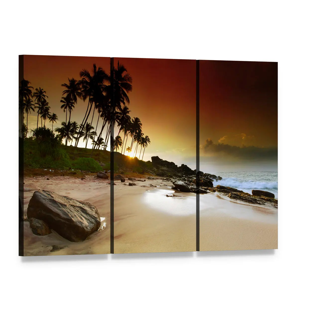 Sunrise Under Coconut Palms on Beach Canvas Wall Art, 3 panel 3 Horizontal layout gallery wrapped canvas set, angled product view
