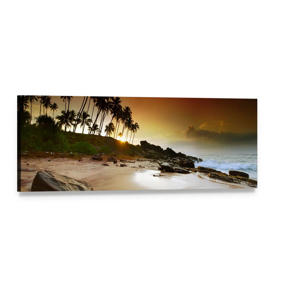 Sunset Over Coconut Palms on Beach Panoramic Canvas Wall Art, single panel gallery wrapped canvas, angled product view