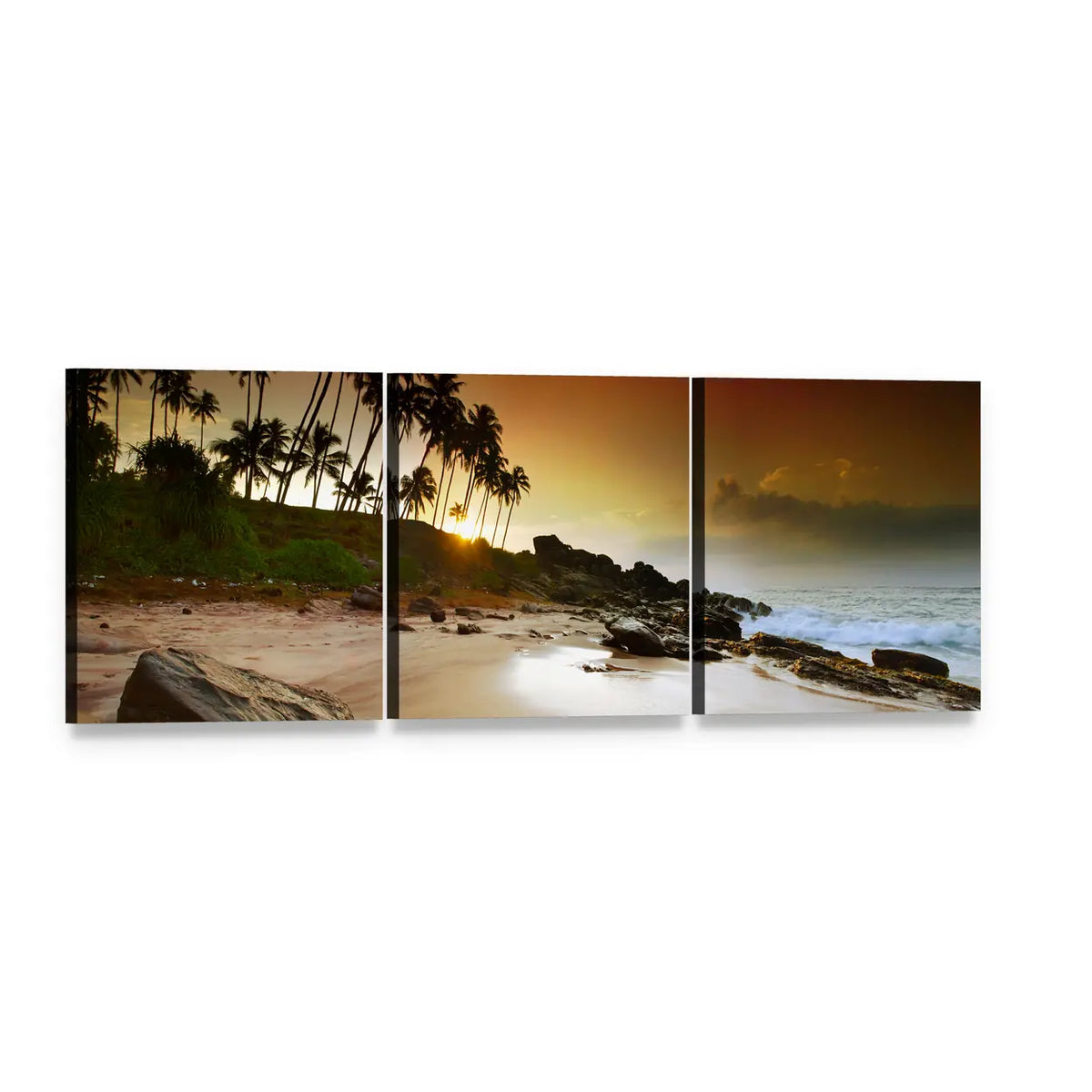 Sunset Over Coconut Palms on Beach Panoramic Canvas Wall Art, 3 panel 3 Piece layout gallery wrapped canvas set, angled product view