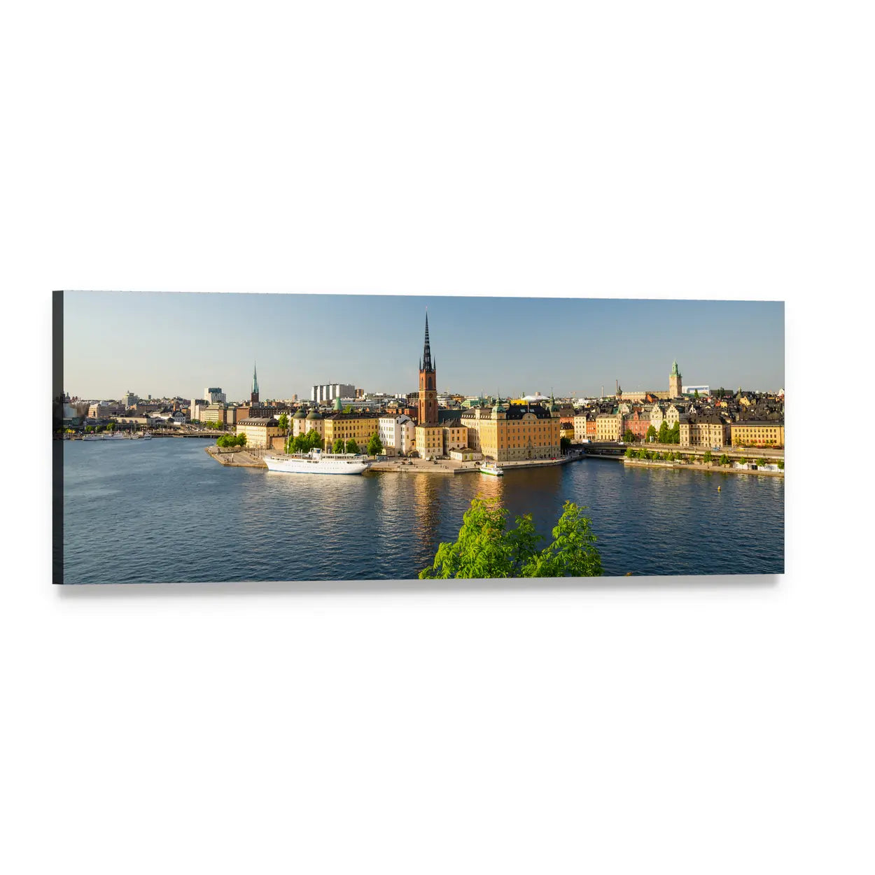 Lattice-spired Church Over Blue Waterfront Panoramic Canvas Wall Art, single panel gallery wrapped canvas, angled product view