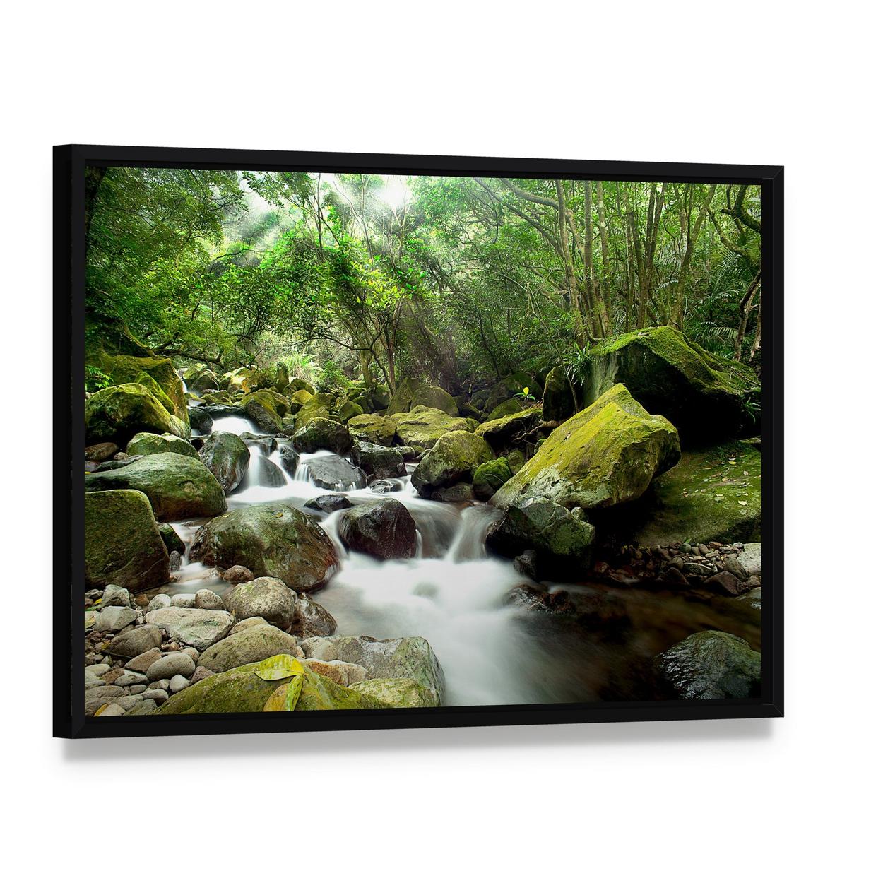 Beautiful Mountain River Canvas Wall Art, framed canvas in a black floater frame, angled product view