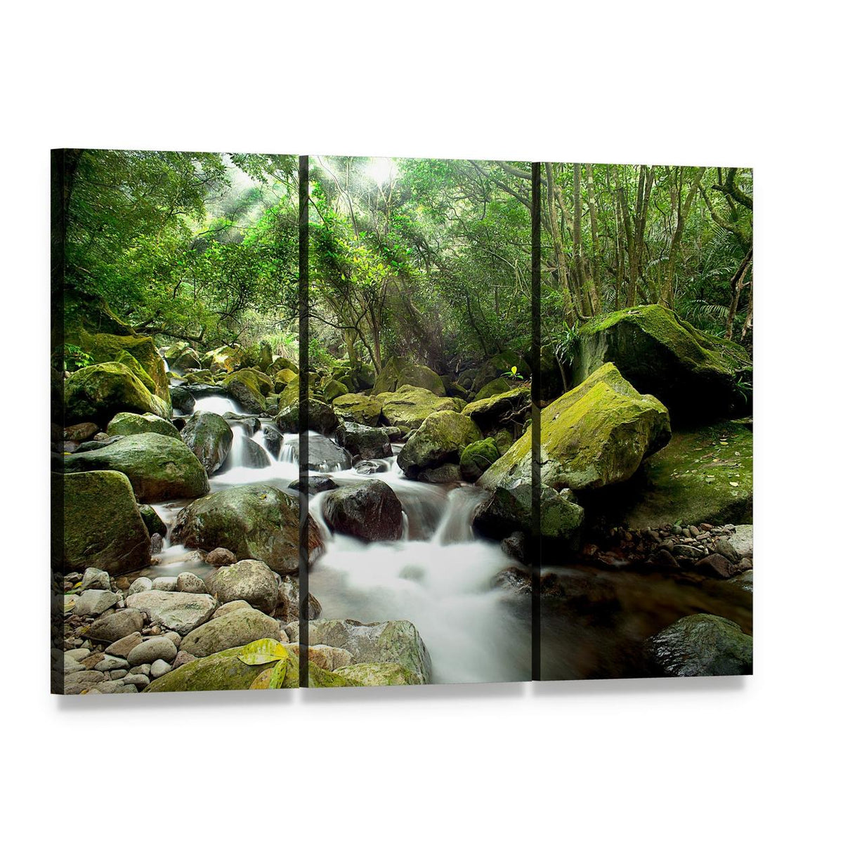 Beautiful Mountain River Canvas Wall Art, 3 panel 3 Horizontal layout gallery wrapped canvas set, angled product view