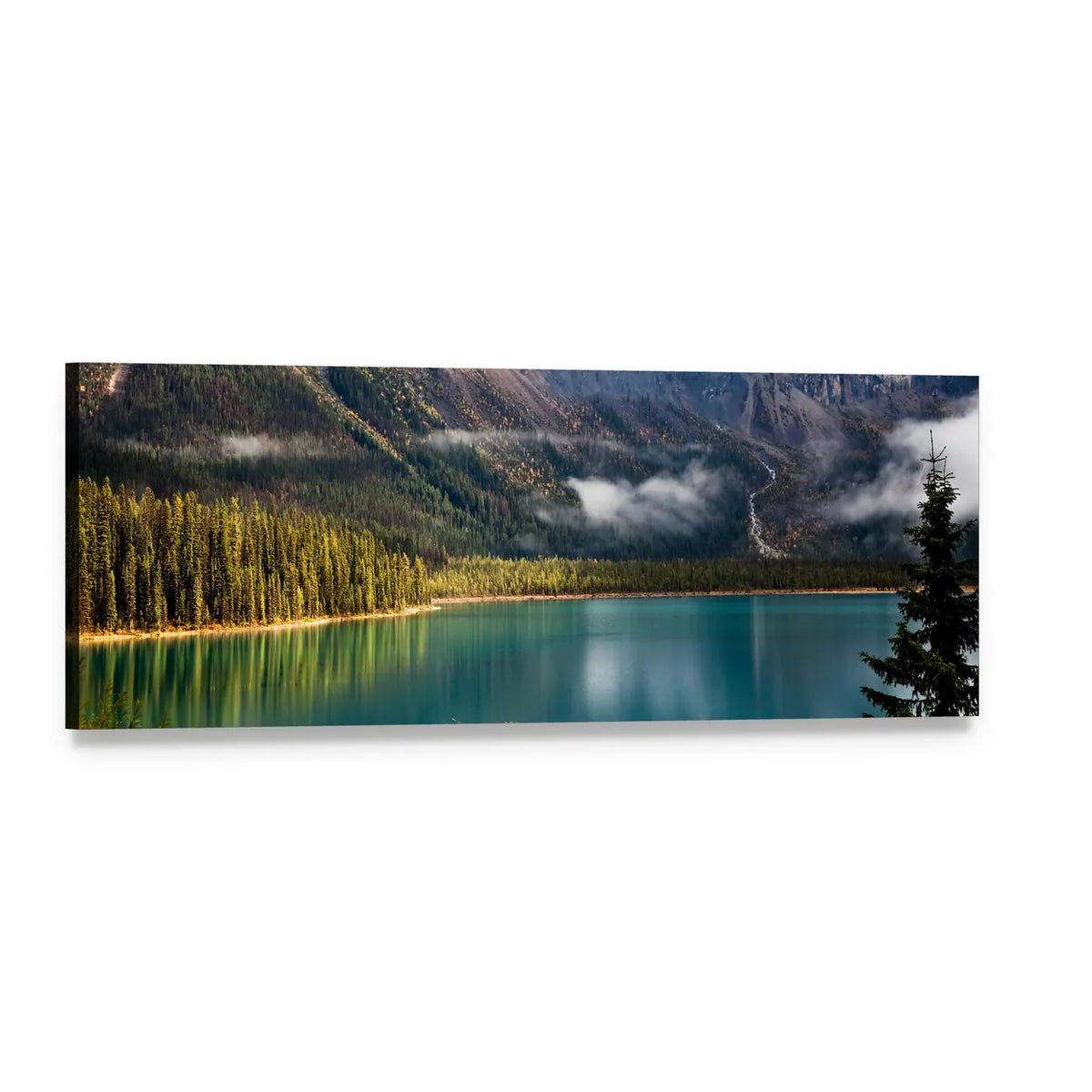 Magic Emerald Lake, Canada Panoramic Canvas Wall Art, single panel gallery wrapped canvas, angled product view