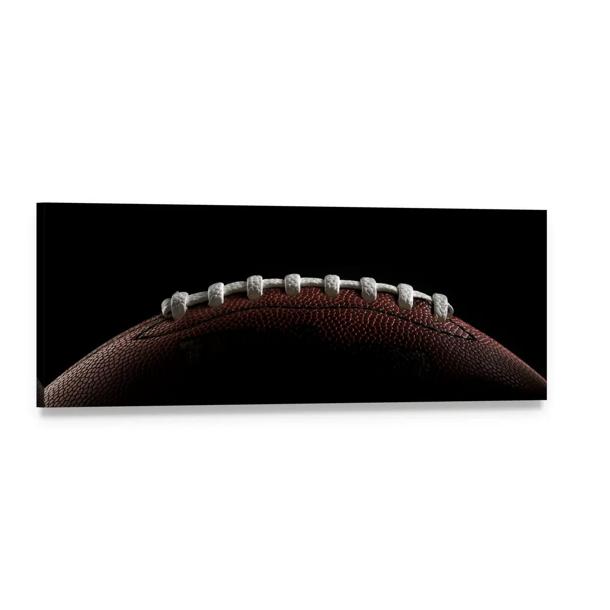 Close-up American Football with Pebbled Leather Panoramic Canvas Wall Art, single panel gallery wrapped canvas, angled product view
