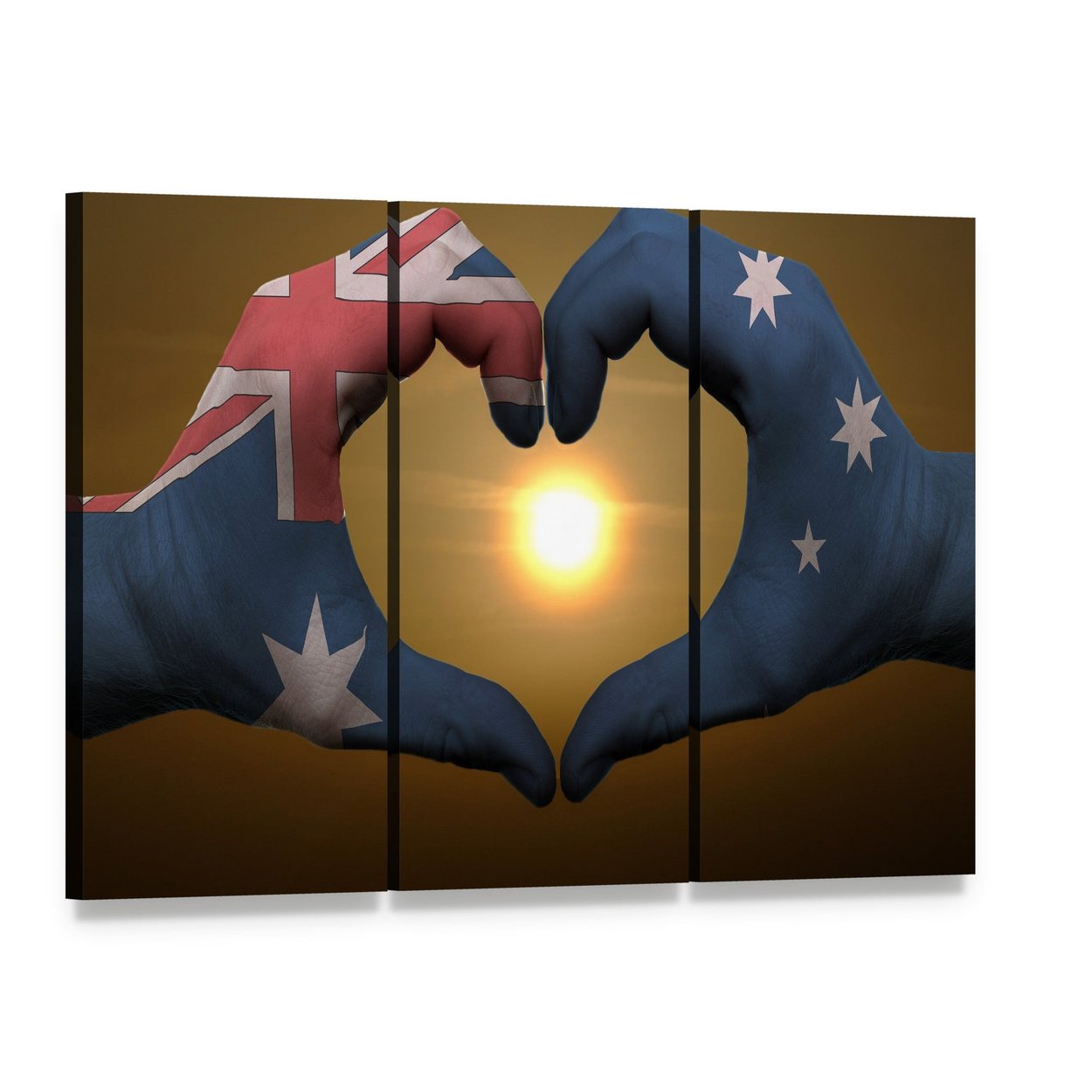 Australian Flag Painted on Hands Canvas Wall Art, 3 panel 3 Horizontal layout gallery wrapped canvas set, angled product view