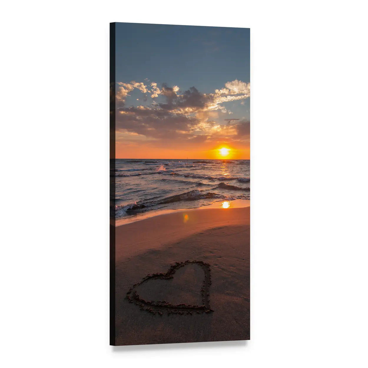 Heart Drawn in Sand on Sunset Beach Vertical Canvas Wall Art, 1 panel 1 Vertical layout gallery wrapped canvas set, angled product view