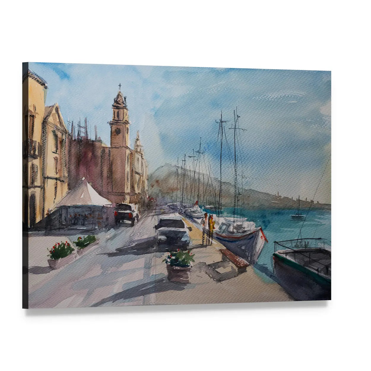 Harbor Town Sketch with Clock Tower Canvas Wall Art, single panel gallery wrapped canvas, angled product view