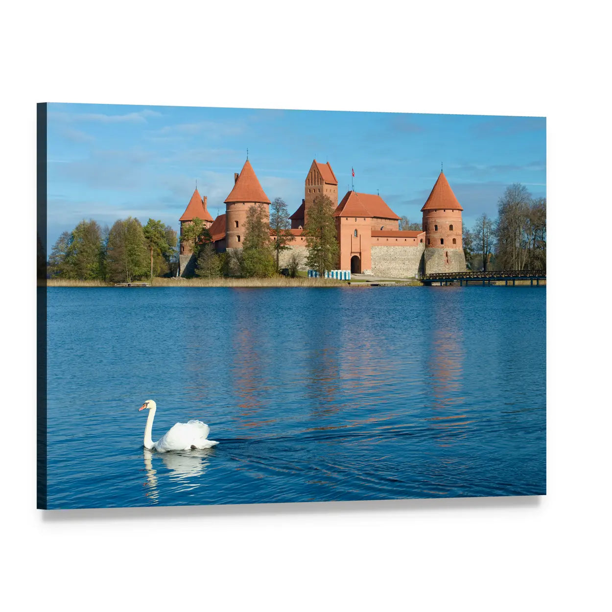 Trakai Castle with Swan Canvas Wall Art, single panel gallery wrapped canvas, angled product view