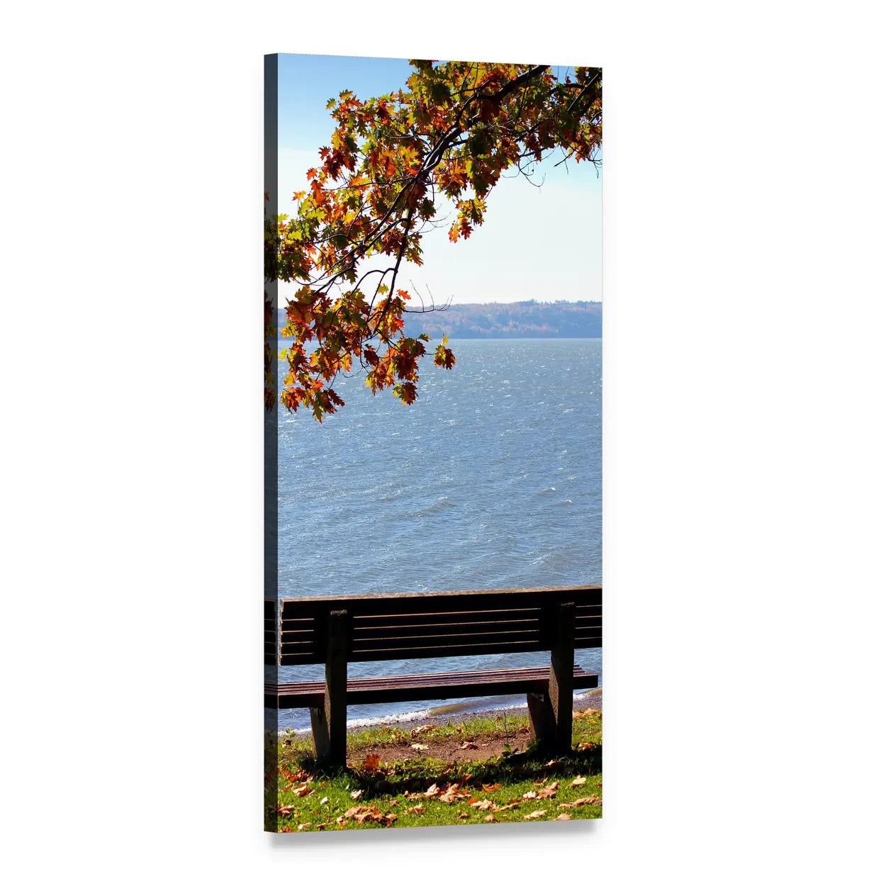 Autumn Bench by the Lake Vertical Canvas Wall Art, 1 panel 1 Vertical layout gallery wrapped canvas set, angled product view