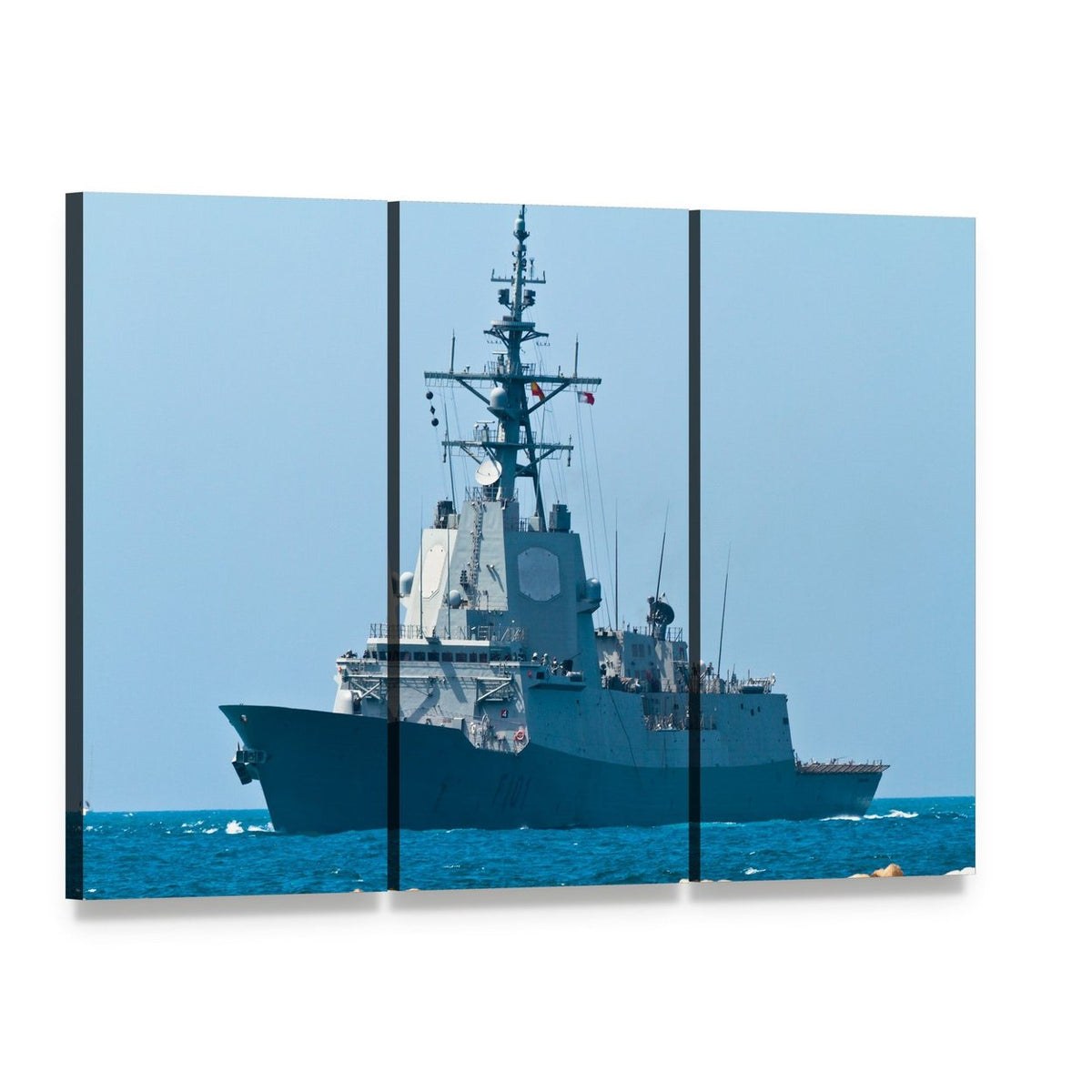 Frigate F-101 Warship Canvas Wall Art, 3 panel 3 Horizontal layout gallery wrapped canvas set, angled product view