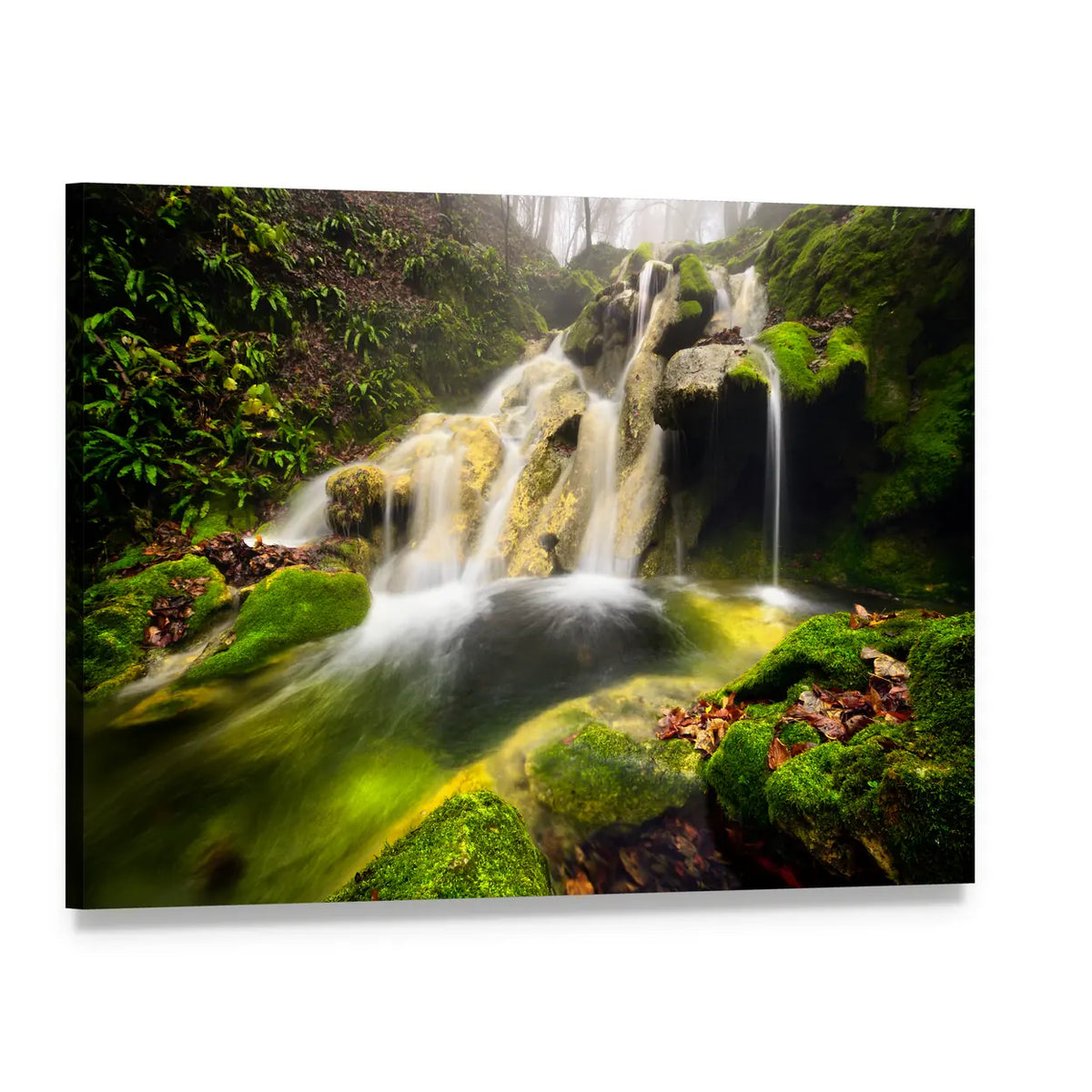 Forest Waterfall with Moss-covered Rocks Canvas Wall Art, single panel gallery wrapped canvas, angled product view