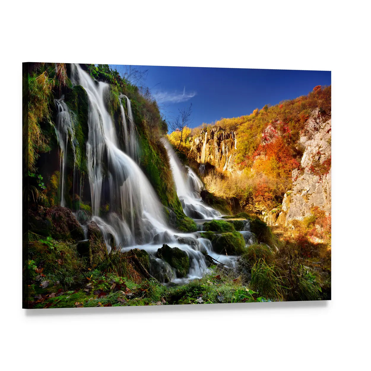 Autumn Waterfall with Mossy Rocks Canvas Wall Art, single panel gallery wrapped canvas, angled product view