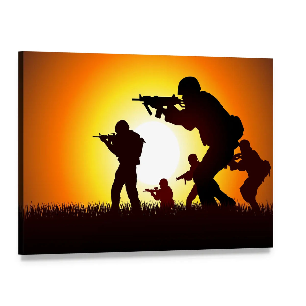 Soldiers Silhouette at Sunset Canvas Wall Art, single panel gallery wrapped canvas, angled product view