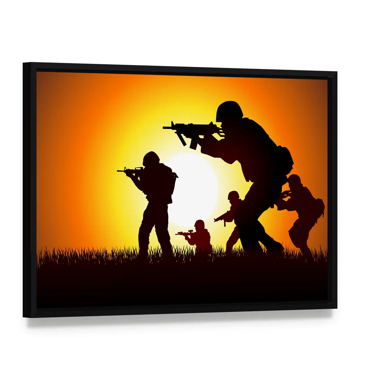 Soldiers Silhouette at Sunset Canvas Wall Art, framed canvas in a black floater frame, angled product view