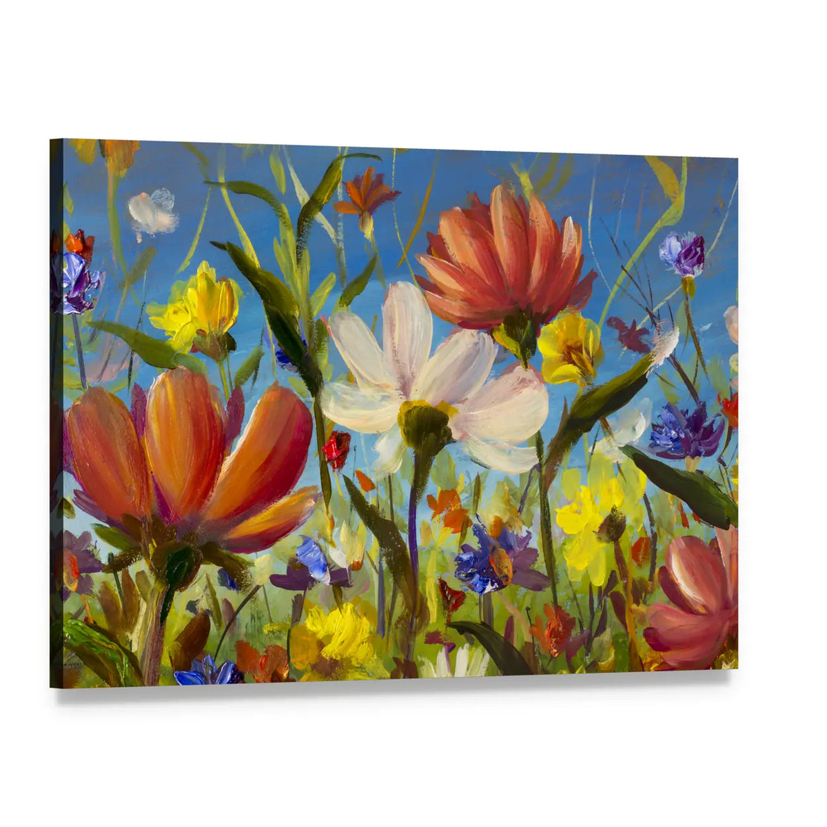 Vibrant Wildflower Meadow with Daisies Canvas Wall Art, single panel gallery wrapped canvas, angled product view
