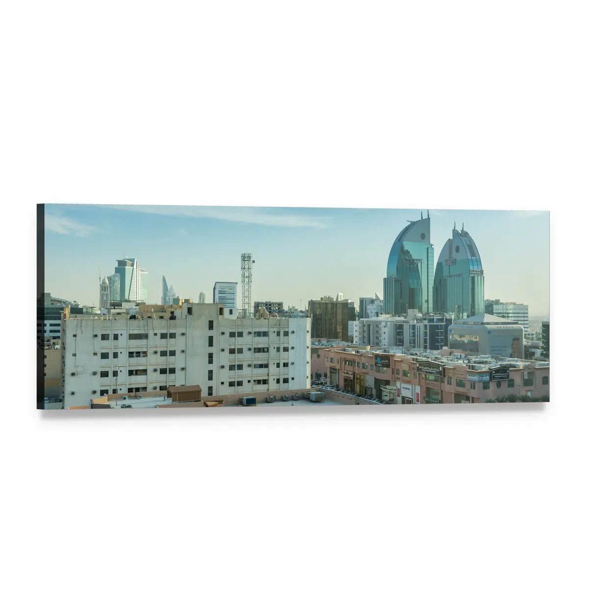 Riyadh Skyline with Twin Sail Towers Panoramic Canvas Wall Art, single panel gallery wrapped canvas, angled product view