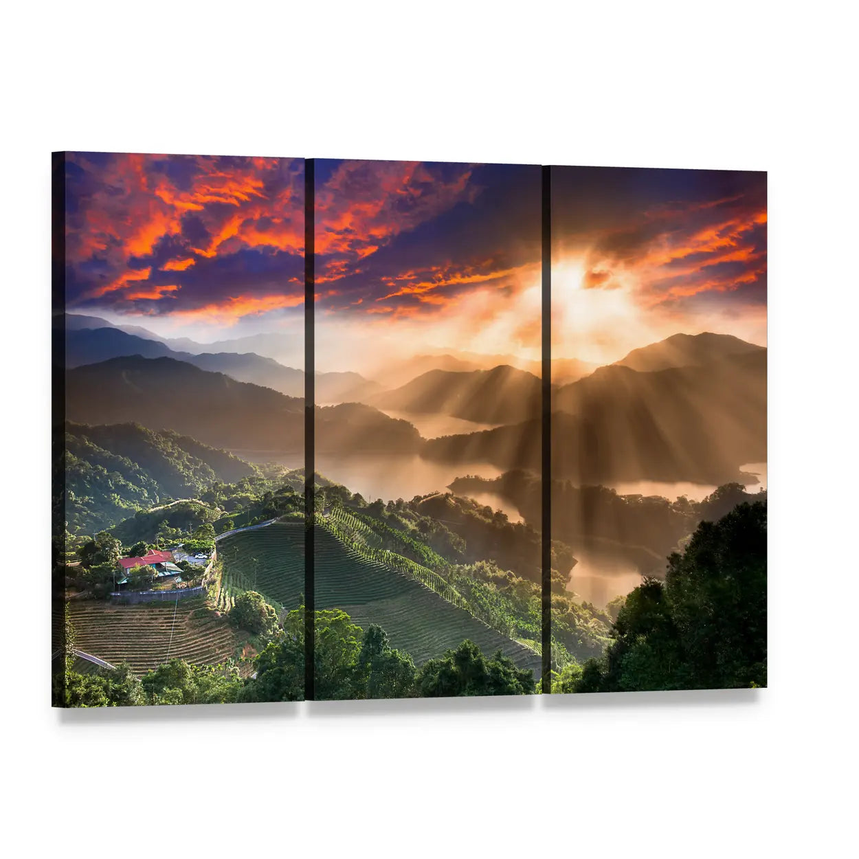 Sunbeams Over Misty Mountain Village Canvas Wall Art, 3 panel 3 Horizontal layout gallery wrapped canvas set, angled product view
