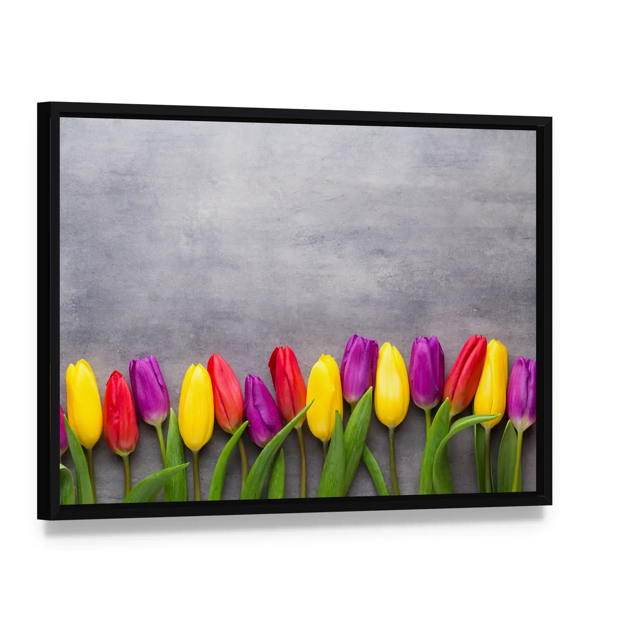 Multicolored Spring Flowers Tulips Canvas Wall Art, framed canvas in a black floater frame, angled product view